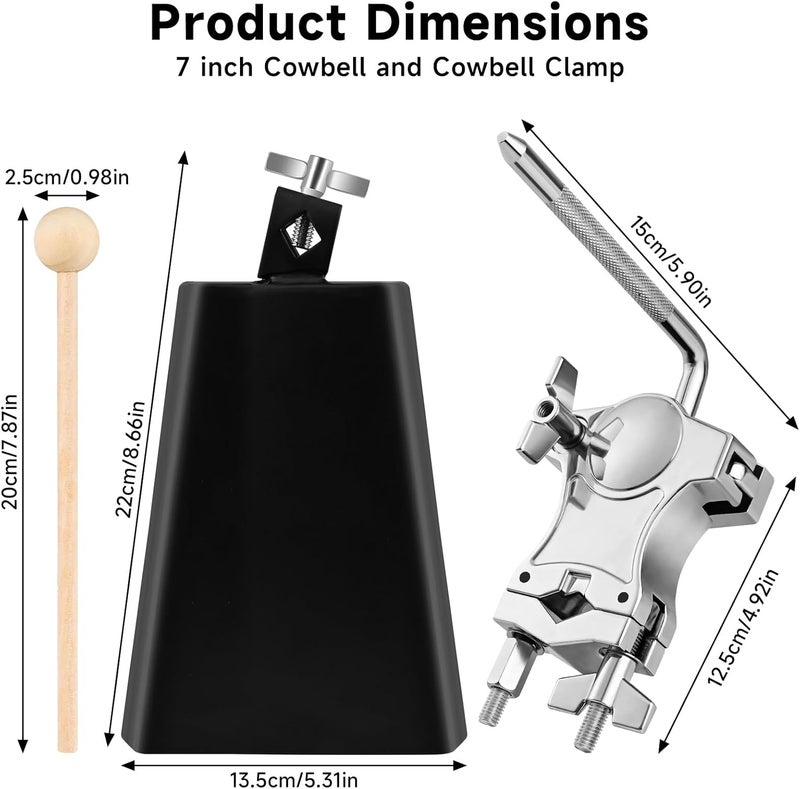 BALLMENT 7 Inch Cowbell with L-Rod Clamp Set, Cowbell for Drum Set, Adjustable Mount Bracket, Black Steel Cow Bell for Drum Sets, Percussion Instrument, Sports, Bands, Includes Stick - Image 4